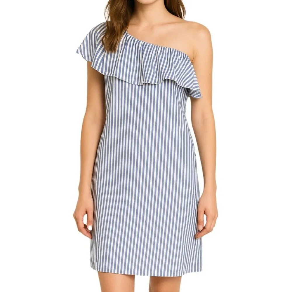 A. Byer NEW Small Striped One Shoulder Ruffle Blue Summer Dress with Pockets - Picture 1 of 11
